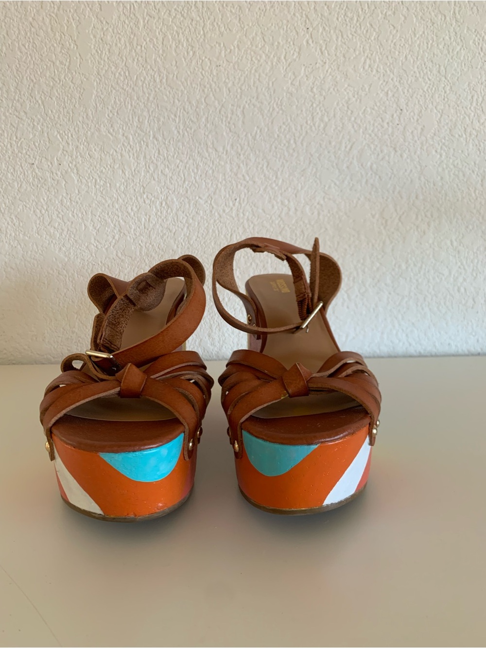 Mossimo Supply Co. Brown Leather Wedge Sandals with Colorful Painted Waves - Picture 3 of 7